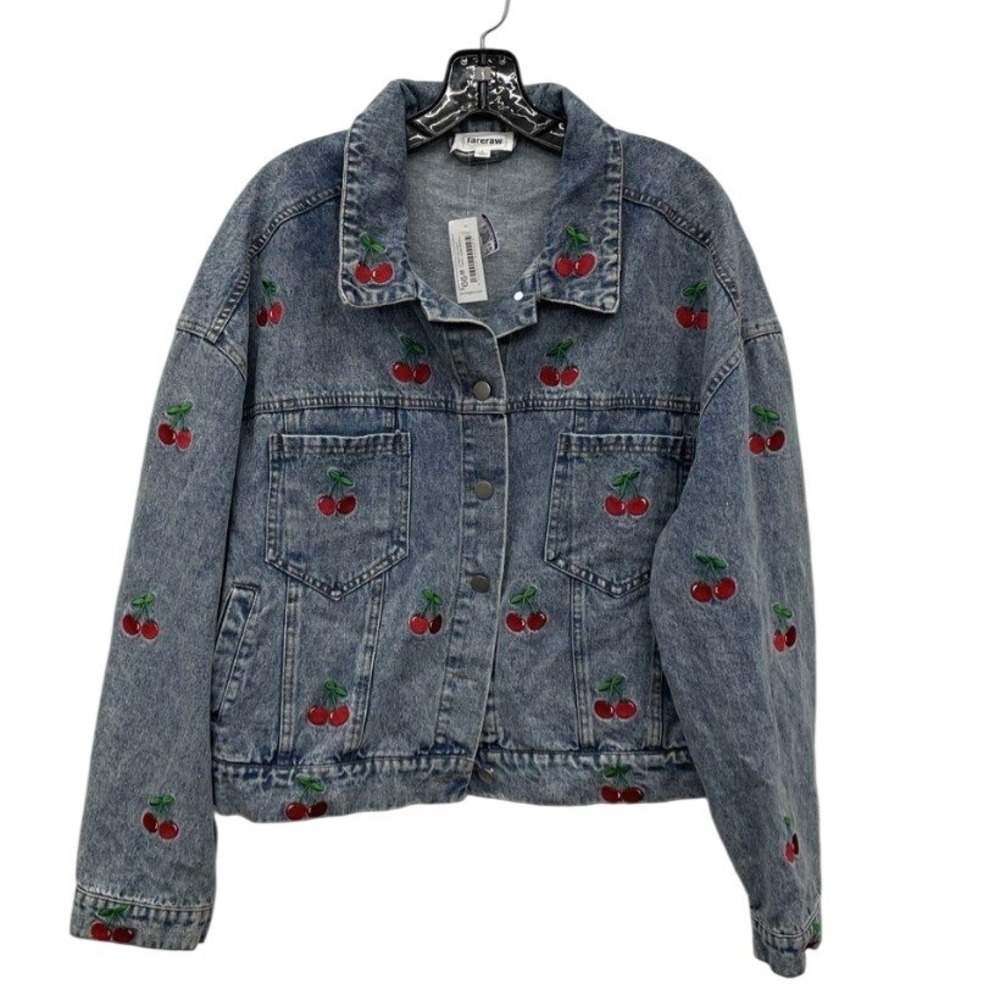 Rareraw Blue Cotton Denim Jacket Cherry Embroidered Trucker Womens Size L NWT